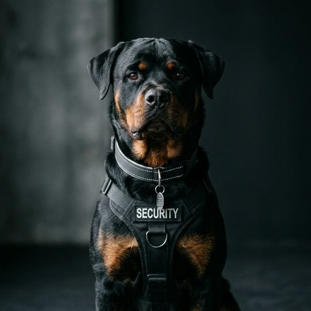 A highly alert Rottweiler security dog standing in a tactical position